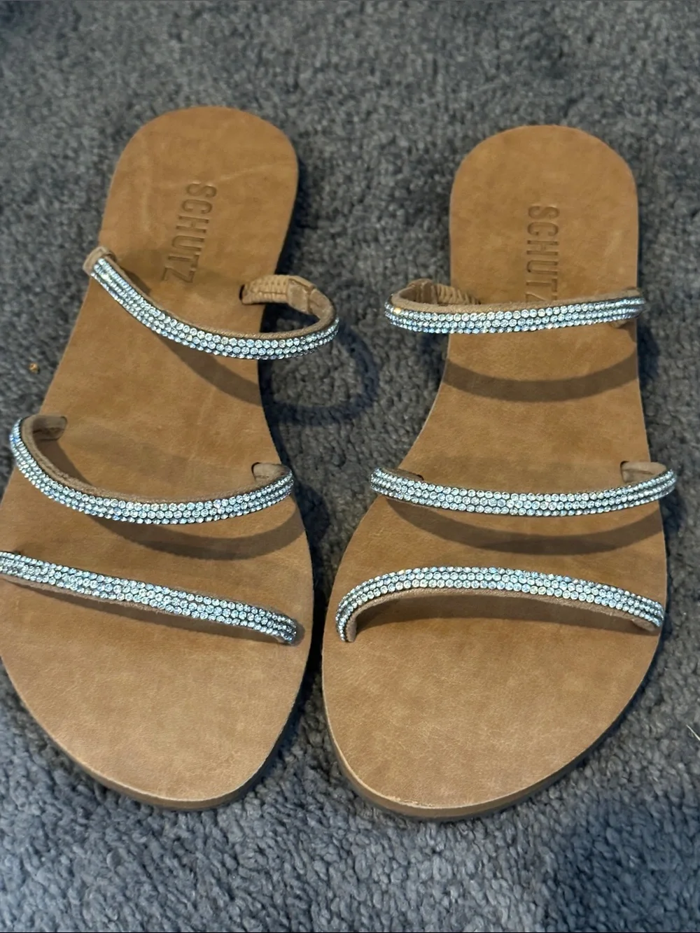 SCHUTZ Tan Slide Sandals with Sparkling Crystal Straps